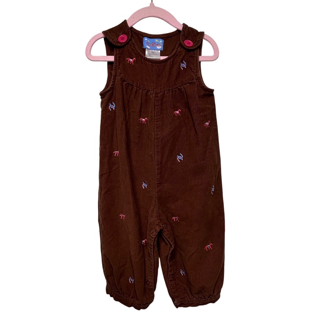 Cre8ions Baby Girls Brown Corduroy Horse Embroidered Overalls Pink Buttons 18M